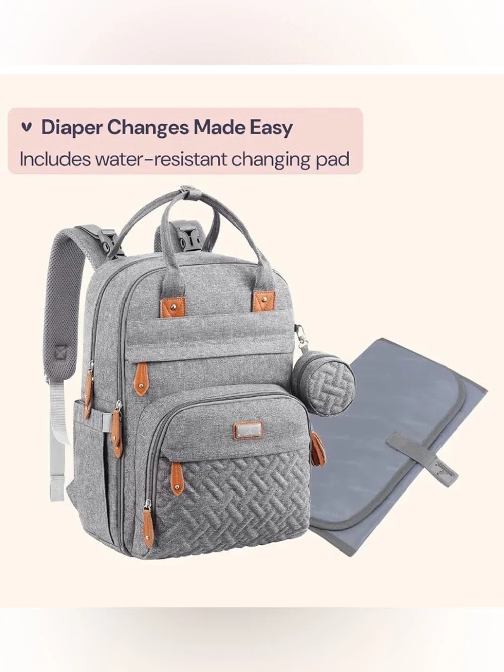 NWT - BabbleRoo - Gray Quilted Baby Diaper Backpack with Tan Accent Trim